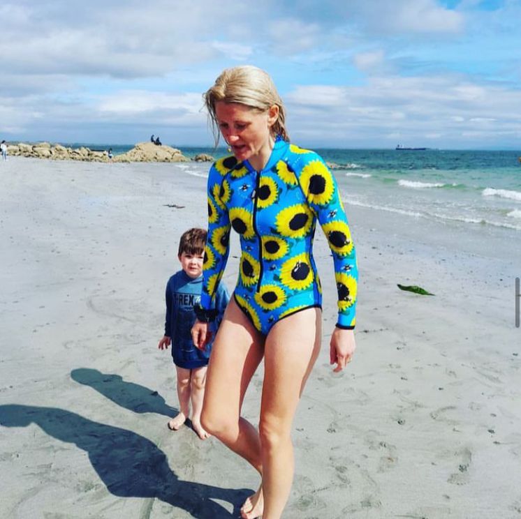 The pollinator long sleeve sky blue and green swimsuit