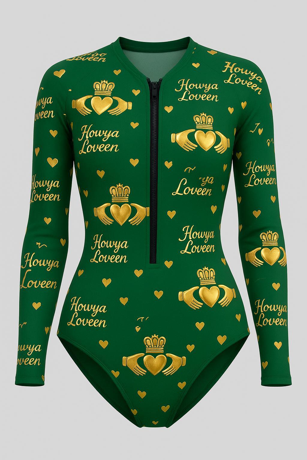 Howya Loveens long sleeve swimsuit.  For the lady who brings her Irish Charm to every swim and flirts faster than the tide turns...